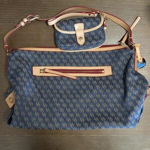 Dooney & Bourke Blue and Tan Shoulder Bags with Monogram Canvas